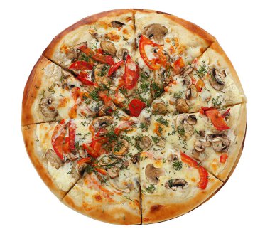 Beyaz arka planda pizza. Bu resim restoran menülerini tasarlaman için mükemmel..