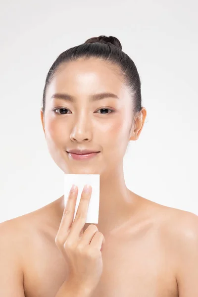 Attractive Charming Asian Young Woman Smile Using Tissue Toner Cleaning — Stock Photo, Image