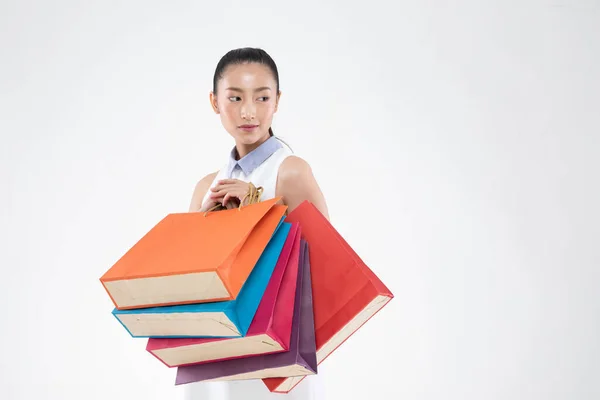 Hermosa Mujer Asiática Atractiva Sonrisa Celebración Bolsas Compras Sensación Felicidad —  Fotos de Stock