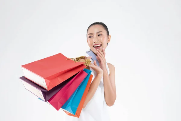 Hermosa Mujer Asiática Atractiva Sonrisa Celebración Bolsas Compras Sensación Felicidad —  Fotos de Stock