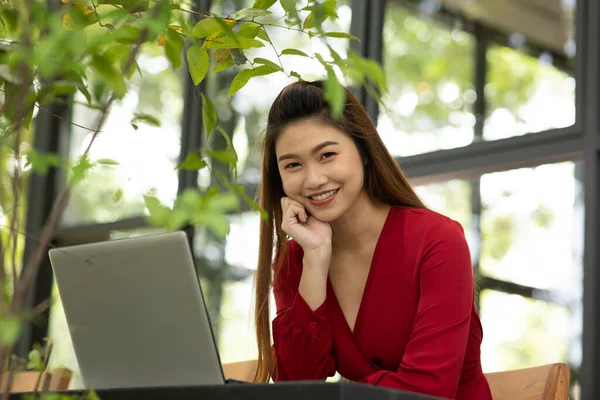 Beautiful Attractive Asian Woman Wearing Red Dress Working Computer Laptop — Stok Foto