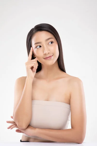 Mulher Asiática Atraente Bonita Sorrir Pensamento Positivo Para Obter Ideias — Fotografia de Stock
