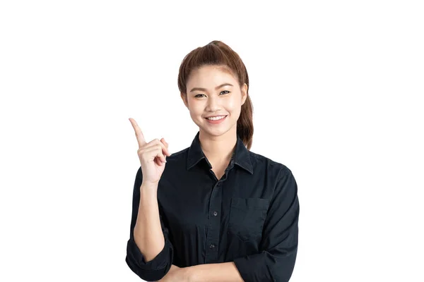 Piękny Azjatycki Biznes Kobieta Uśmiech Wskazując Skopiować Przestrzeń Myślenia Dostać — Zdjęcie stockowe