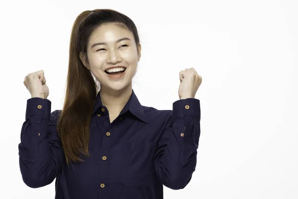 Mulher Asiática Bonita Negócio Vestindo Sorriso Azul Camisa Que Comemora — Fotografia de Stock