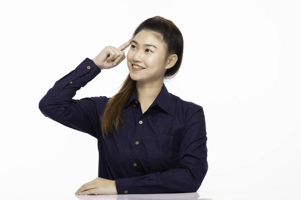 Krásný Obchod Asijské Žena Sobě Modrá Košile Úsměv Myšlení Získat — Stock fotografie