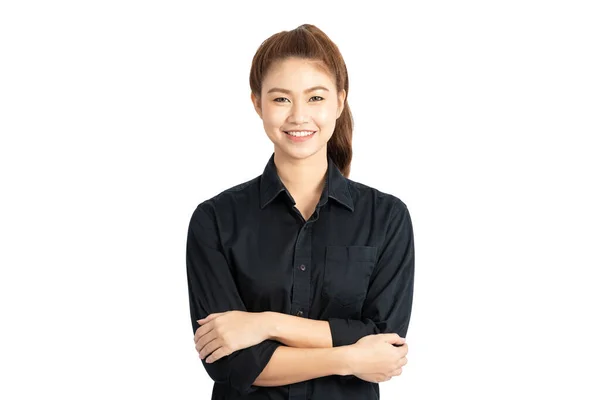 Piękny Atrakcyjny Azjatycki Biznes Kobieta Noszenie Czarnej Koszuli Uśmiech Cross — Zdjęcie stockowe