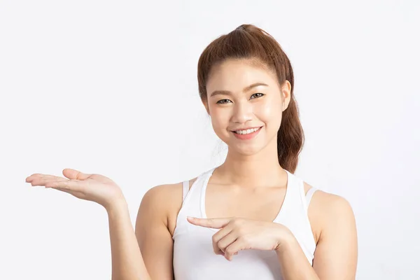 Bella Attraente Asiatica Giovani Donne Sorridono Puntando Palmo Della Mano — Foto Stock