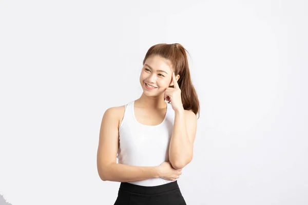美しい魅力的なアジアの女性は アイデアを得るために積極的な思考笑顔 白の背景に隔離 — ストック写真