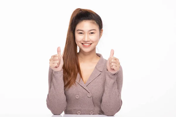 Negócio Mulher Asiática Mostrando Polegares Para Cima Sorriso Com Felicidade — Fotografia de Stock