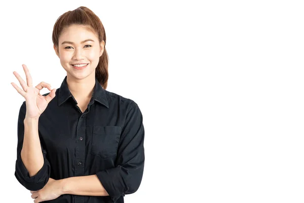 Mulheres Bonitas Atraentes Negócio Asiático Vestindo Sorriso Camisa Preta Fazendo — Fotografia de Stock