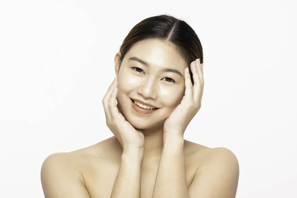 Krásná Atraktivní Okouzlující Asijské Mladá Žena Úsměv Bílými Zuby Dotýkat — Stock fotografie