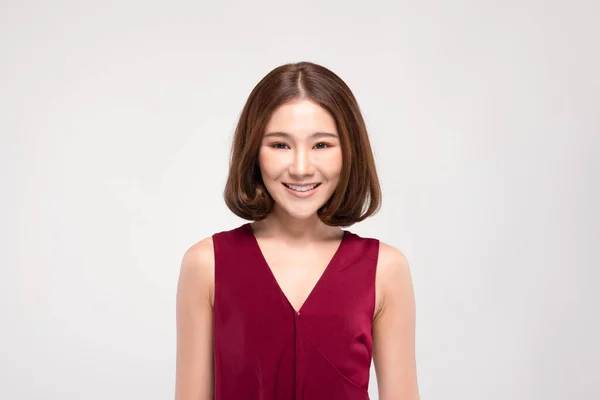 Beautiful Attractive Asian Woman Short Hair Smile Cross Arm Feeling — Stok Foto