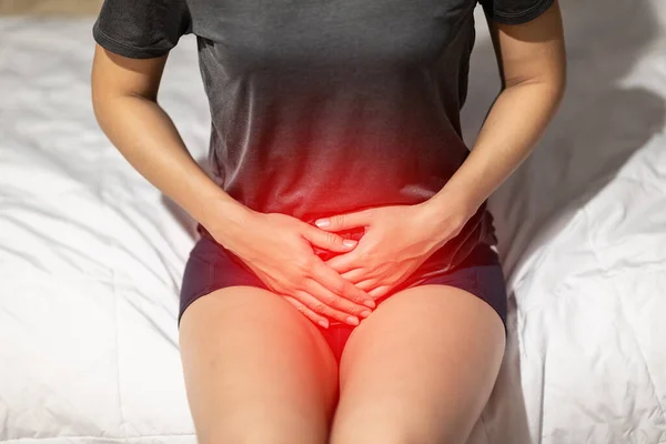 Woman Have Bladder Uti Pain Sitting Bed Bedroom Wake Feeling Stock Picture