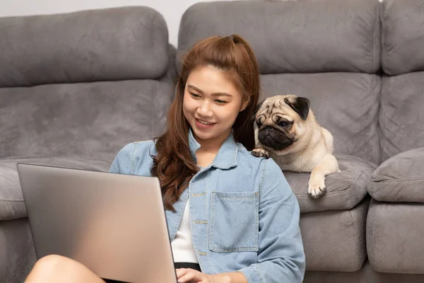 Mooie Aantrekkelijke Aziatische Vrouw Typen Werken Laptop Met Hond Pug Rechtenvrije Stockfoto's