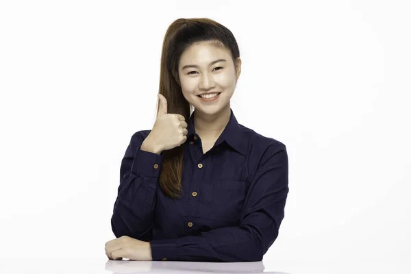 Mulher Asiática Negócio Bonito Vestindo Sorriso Azul Camisa Que Mostra — Fotografia de Stock