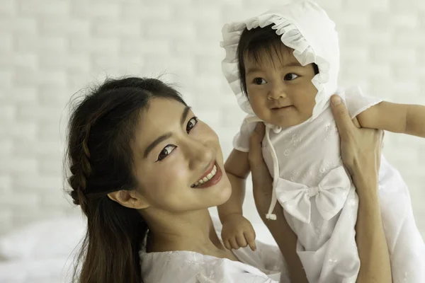 Happy Beauty Mother Holding Cute Sweet Adorable Asian Baby Wearing — Stock Photo, Image