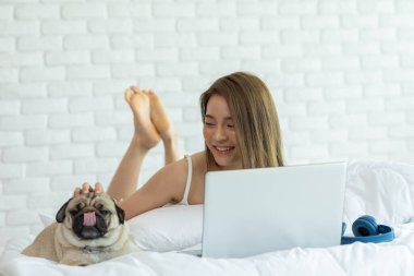 Kadın dizüstü bilgisayarda köpek Pug cinsi köpekle çalışıyor ve yatakta uzanıyor ve ekrana bakıyor evde mutlu ve rahat hissediyor, evde dost canlısı köpek kavramı