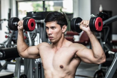 Halter kıvrımlı kas konsantrasyonu ile güçlü bir Asyalı Atletik Adam vücut geliştirme için güçlü ve güçlü hissediyor, vücut geliştirici konsept