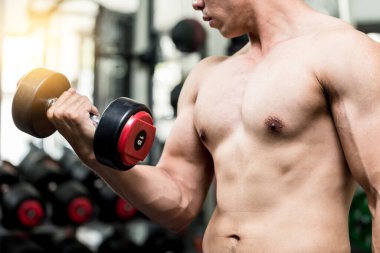 Halter kıvrımlı kas konsantrasyonu ile güçlü bir Asyalı Atletik Adam vücut geliştirme için güçlü ve güçlü hissediyor, vücut geliştirici konsept