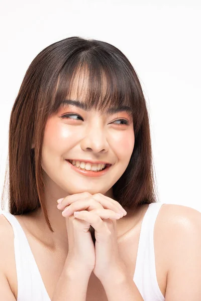 Joven Hermosa Mujer Asiática Sonrisa Cogida Mano Con Piel Limpia — Foto de Stock
