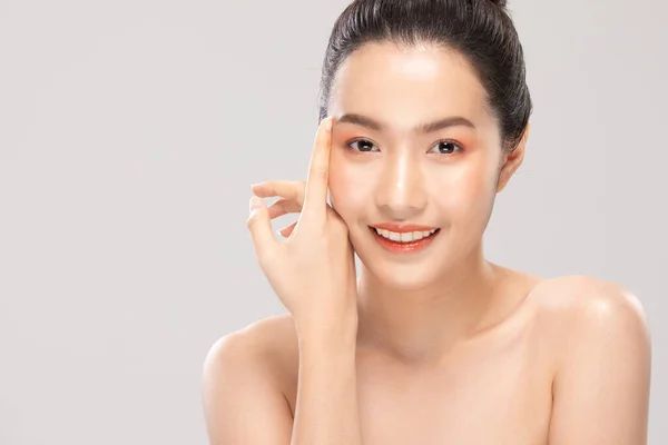 Beautiful Asian Young Woman Touching Soft Cheek Smile Clean Fresh — Stock Photo, Image