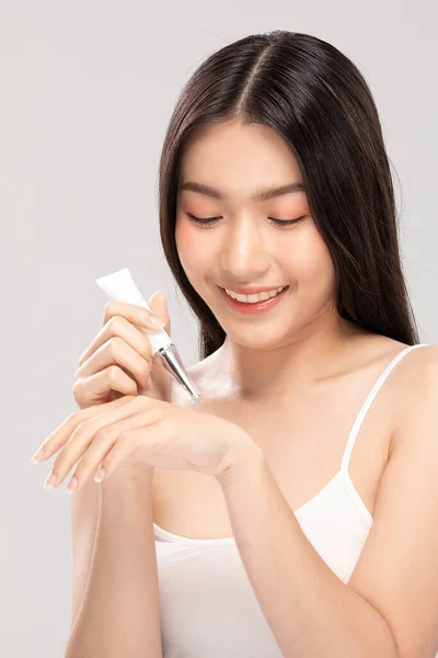 Beautiful Young Asian Woman Holding Luxury White Clean Tube Smile — Stock Photo, Image