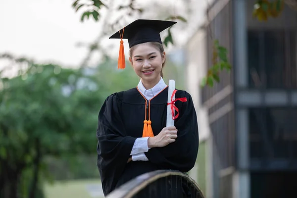 Attractive Asian Women Student Graduate Cap Gown Celebrating Certificate Hand — Stock Photo, Image