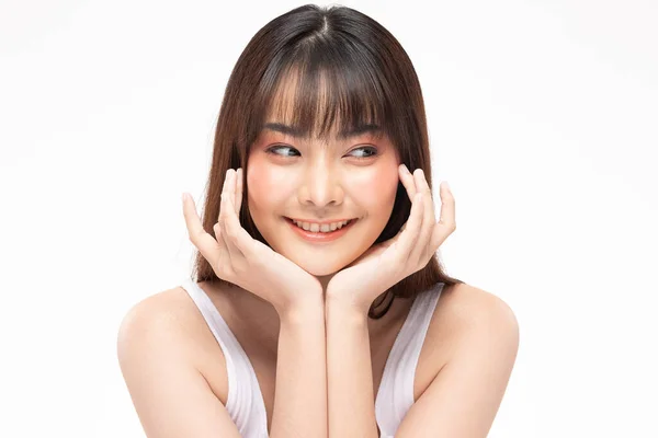 Jeune Belle Femme Asiatique Sourire Toucher Joue Douce Avec Une — Photo