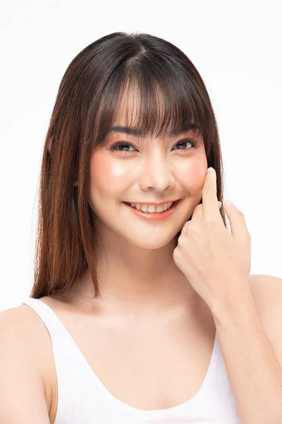 Joven Hermosa Mujer Asiática Sonrisa Tocando Mejilla Suave Con Piel —  Fotos de Stock