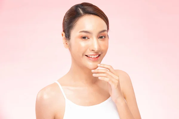 Beautiful Asian Woman Smile Touching Chin Clean Fresh Skin Happiness — Stock Photo, Image