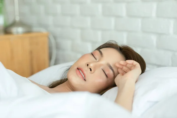 Beautiful Attractive Asian Woman Wearing Pajamas Sleep Close Her Eyes — Stock Photo, Image