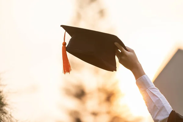 Close Graduate Student Put Hands Celebrating Graduation Cap Hand Feeling — Foto de Stock