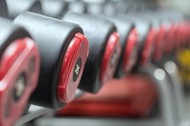 Spor salonundaki dambıllar antremana hazır, seçici odaklanma