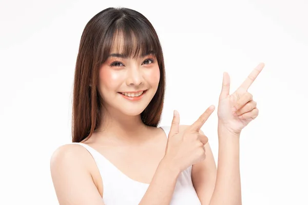 Gyönyörű Vonzó Ázsiai Fiatal Nők Mosolyognak Rámutatva Hogy Másolja Helyet — Stock Fotó