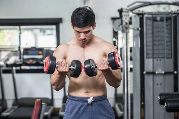 Exercice Homme Asiatique Athlétique Fort Avec Boucle Haltère Concentration Musculaire — Photo