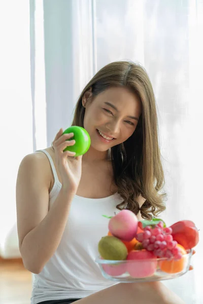 Healthy Asian Woman Holding Fresh Healthy Fruits Happiness Health Care — Stock Photo, Image