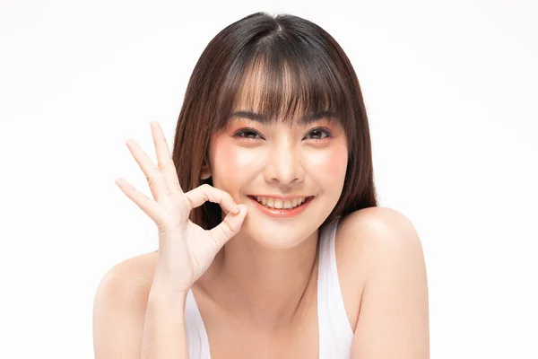 Bela Atraente Ásia Jovem Mulher Sorriso Fazendo Sinal Sentimento Então — Fotografia de Stock