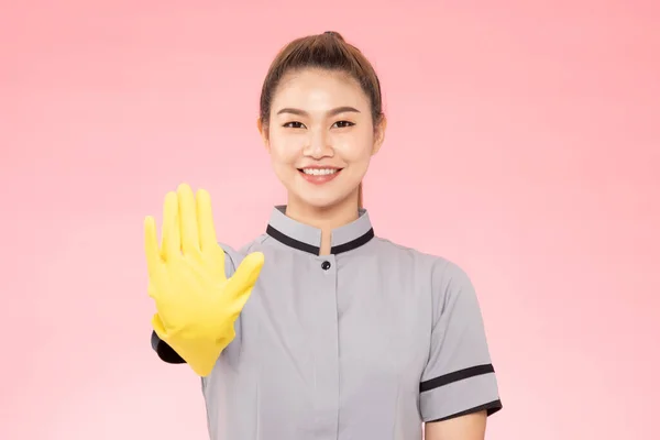 Attraente Bella Donna Asiatica Cameriera Indossa Guanti Sorriso Palmo Aperto — Foto Stock