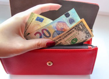 Para masanın üzerinde dolar ve avro. Yukarıdan görüntüle