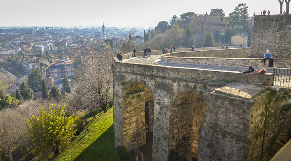 Panorama of Bergamo high and the famous Venetian walls. The upper town is full of monuments and beautiful churches.