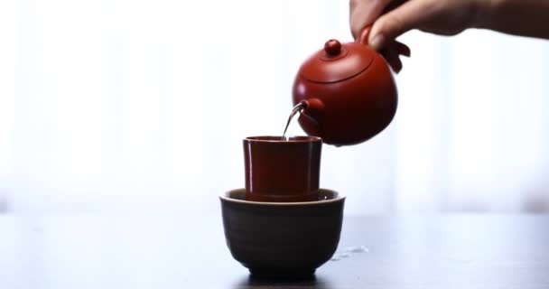 将茶壶中的水倒入茶壶中 茶壶是一种亚洲式的茶水饮用方式 — 图库视频影像
