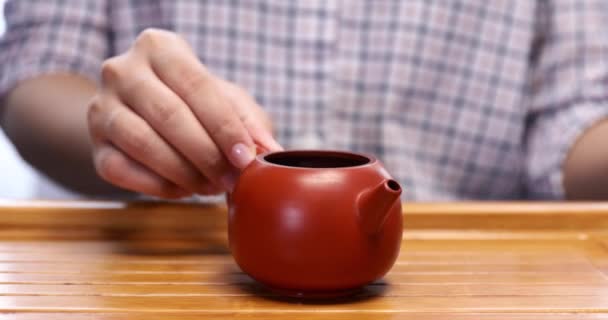 Close Girl Hand Opening Lid Teapot Close Lid Tea Jar — Stock Video