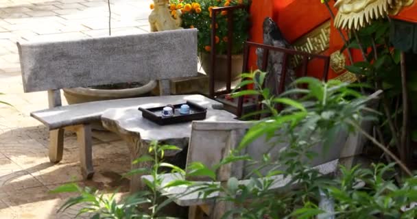 Kamenný Nábytek Zasazený Zahrady Uvolni Zahradě Klidná Krajina Asijská Krajina — Stock video