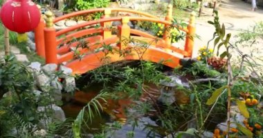 Kaya yarıklarında su akıyor. Bahçede küçük bir manzara. 4K video