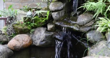 Kaya yarıklarında su akıyor. Bahçede küçük bir manzara. 4K video