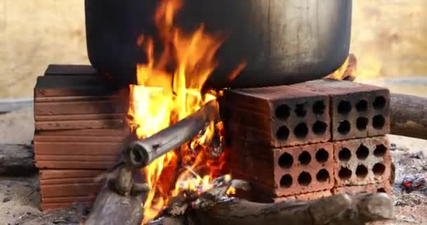 Γκρο Πλαν Κουζίνα Φωτιά Ξύλα Φωτιά Σεληνιακή Πρωτοχρονιά Κέικ Ρυζιού — Αρχείο Βίντεο