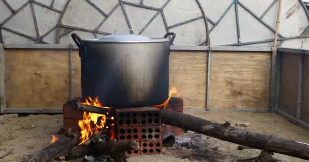 Close Kitchen Fire Wood Fire Lunar New Year Rice Cake — Stock Video