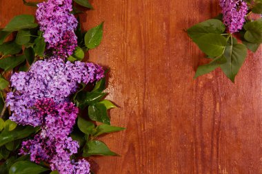 Parlak bahar leylak çiçekleri eski ahşap bir masanın üzerinde yatar. Kahverengi ahşap bir masanın arka planı ve dokusu.