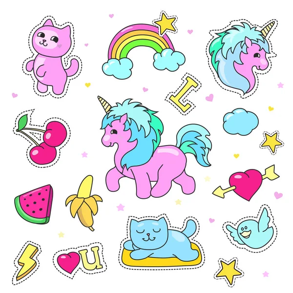 Patch badges with hearts, unicorn, clouds, cats, stickers illustration for girls