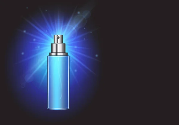 Cosmetic ads, blue spray ice toner bottle on black background, poster with moisturizing premium product